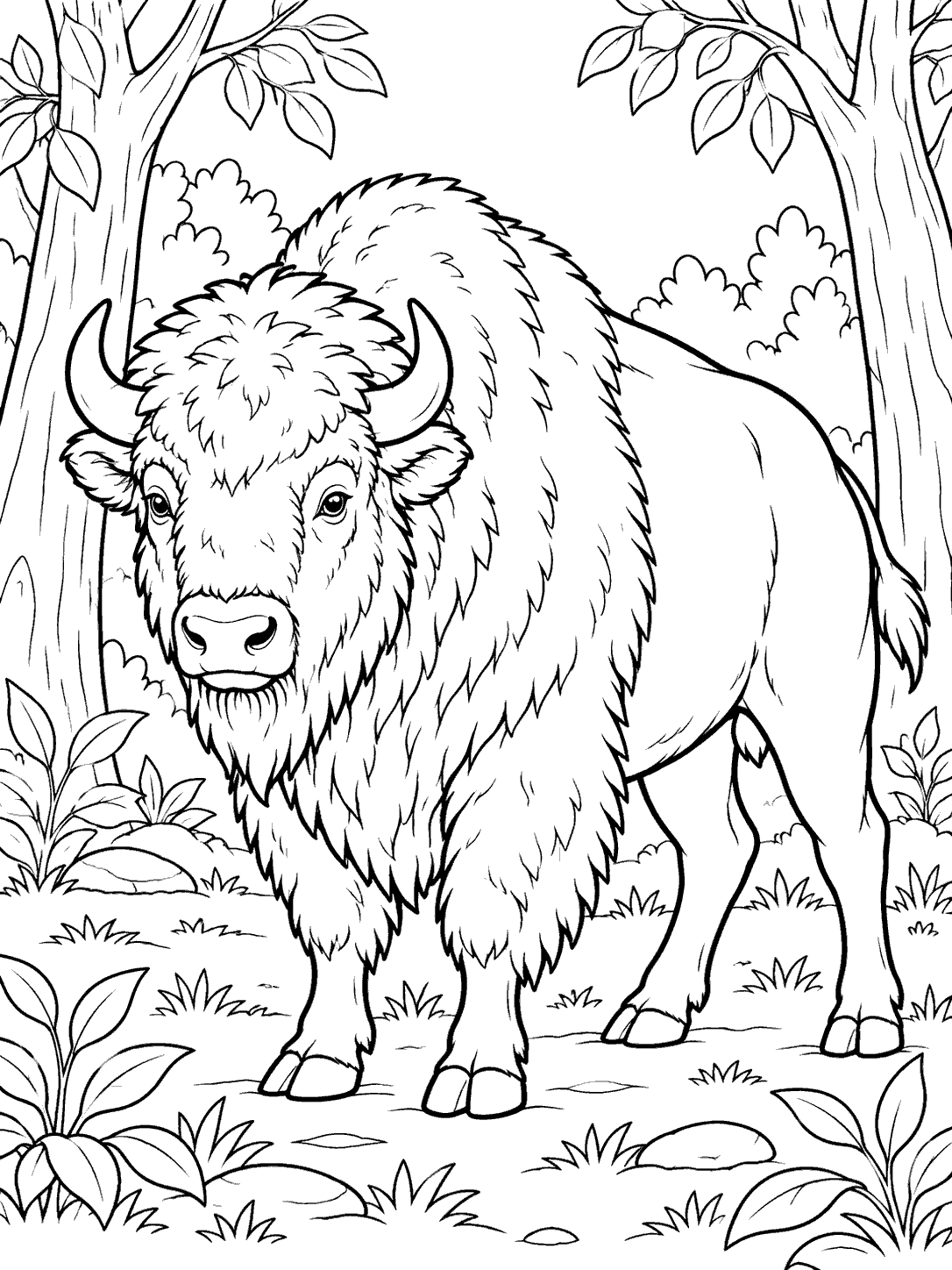 Black-and-white bison coloring page with a shaggy bison standing in a woodland clearing framed by trees and plants.
