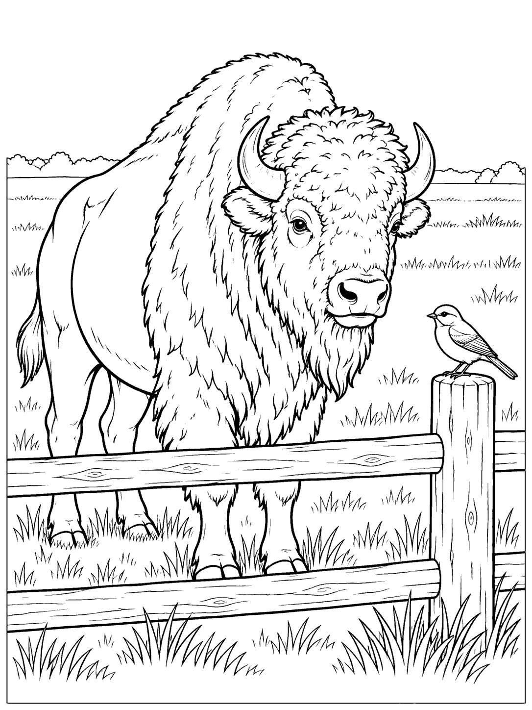 Black-and-white bison coloring page with a songbird perched on a wooden fence post in a grassy pasture.
