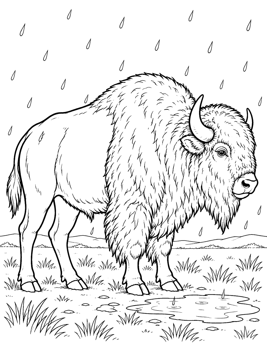 Bison standing in a gentle rain coloring page