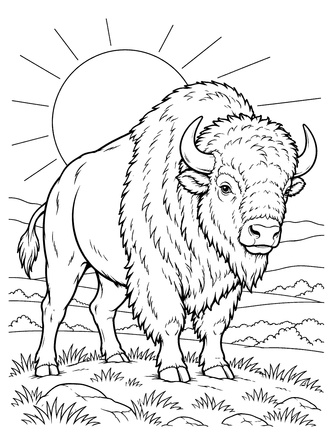 Three-quarter view of a bison standing on a prairie rise beneath a large outlined sun, with layered hills and grass.