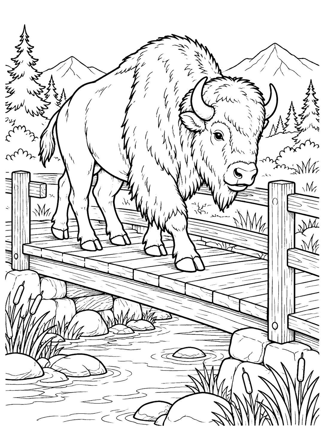 Bison crossing a wooden footbridge over a stream in a black-and-white coloring page