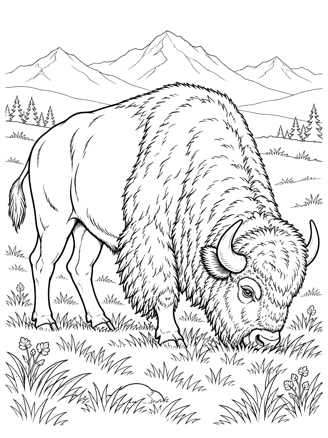 Black-and-white coloring page showing a horned bison grazing in a grassy meadow, with distant mountains and trees.