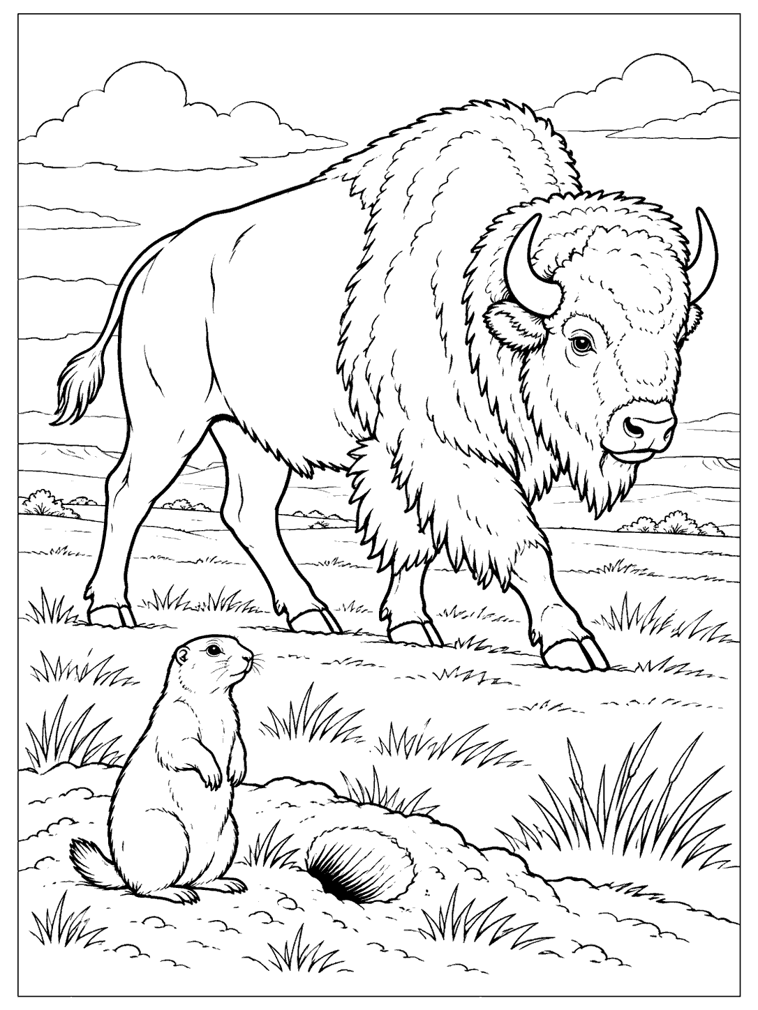 A walking bison and a small prairie dog beside its burrow, surrounded by grasses and prairie hills, in a black-and-white coloring page.