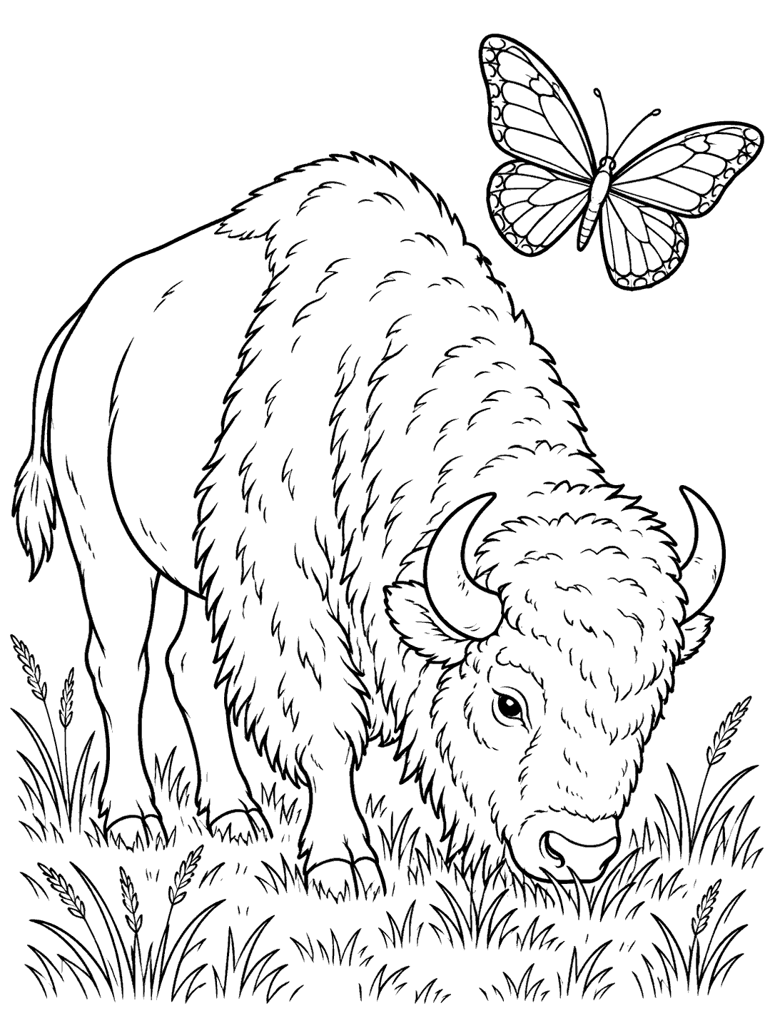 Bison grazing in a grassy meadow beneath a large butterfly, in black-and-white coloring page line art.