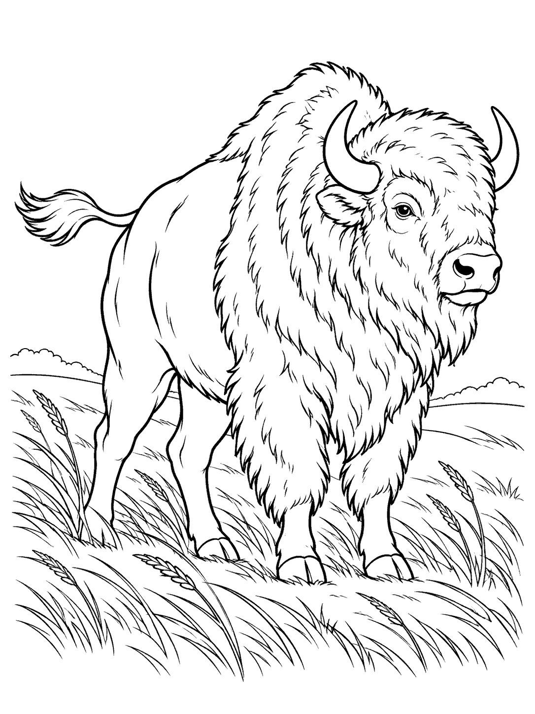 Black-and-white coloring page of a shaggy bison standing in a grassy meadow, tail swept by a breeze.