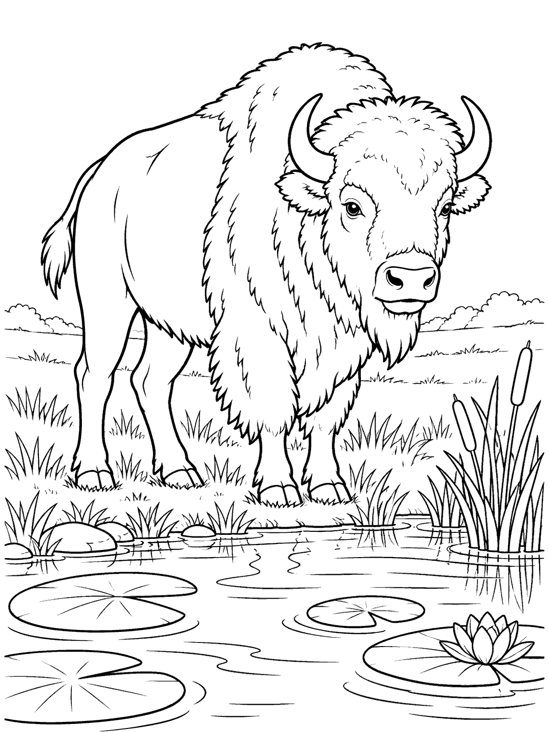 Bison beside a prairie pond coloring page