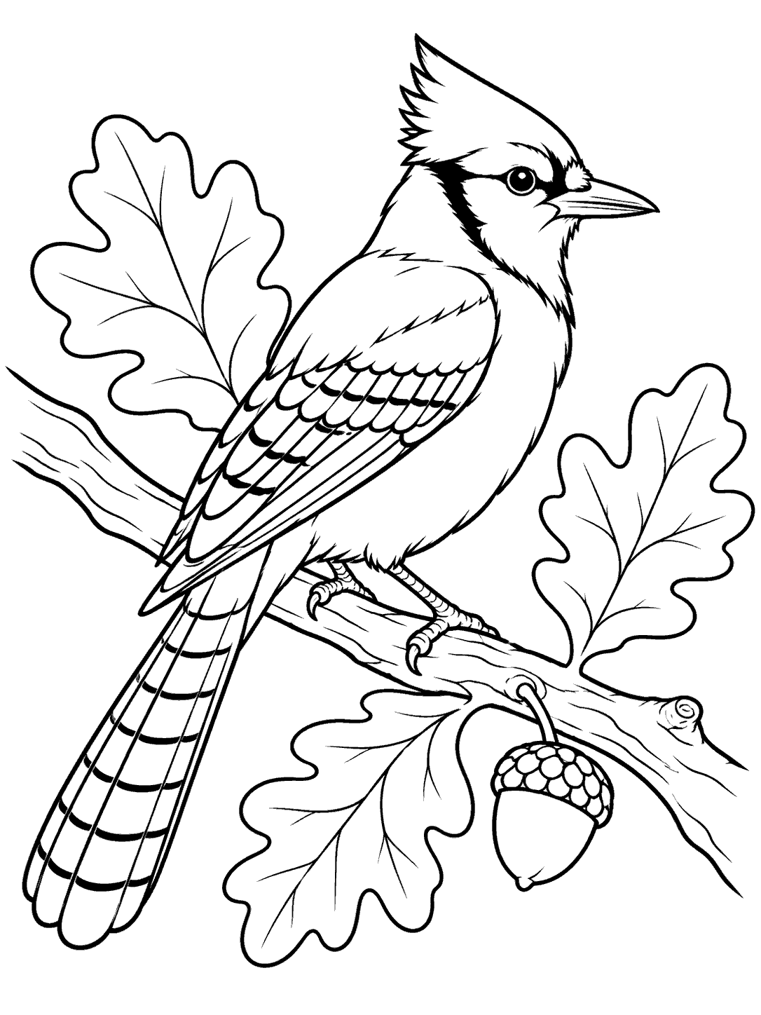 Black-outline coloring page of a crested blue jay perched on an oak branch with three leaves and an acorn.