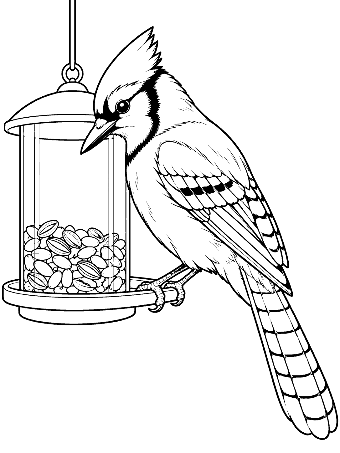 Black-and-white coloring page of a crested blue jay perched beside a cylindrical seed feeder, with its long tail and wing bars clearly outlined.