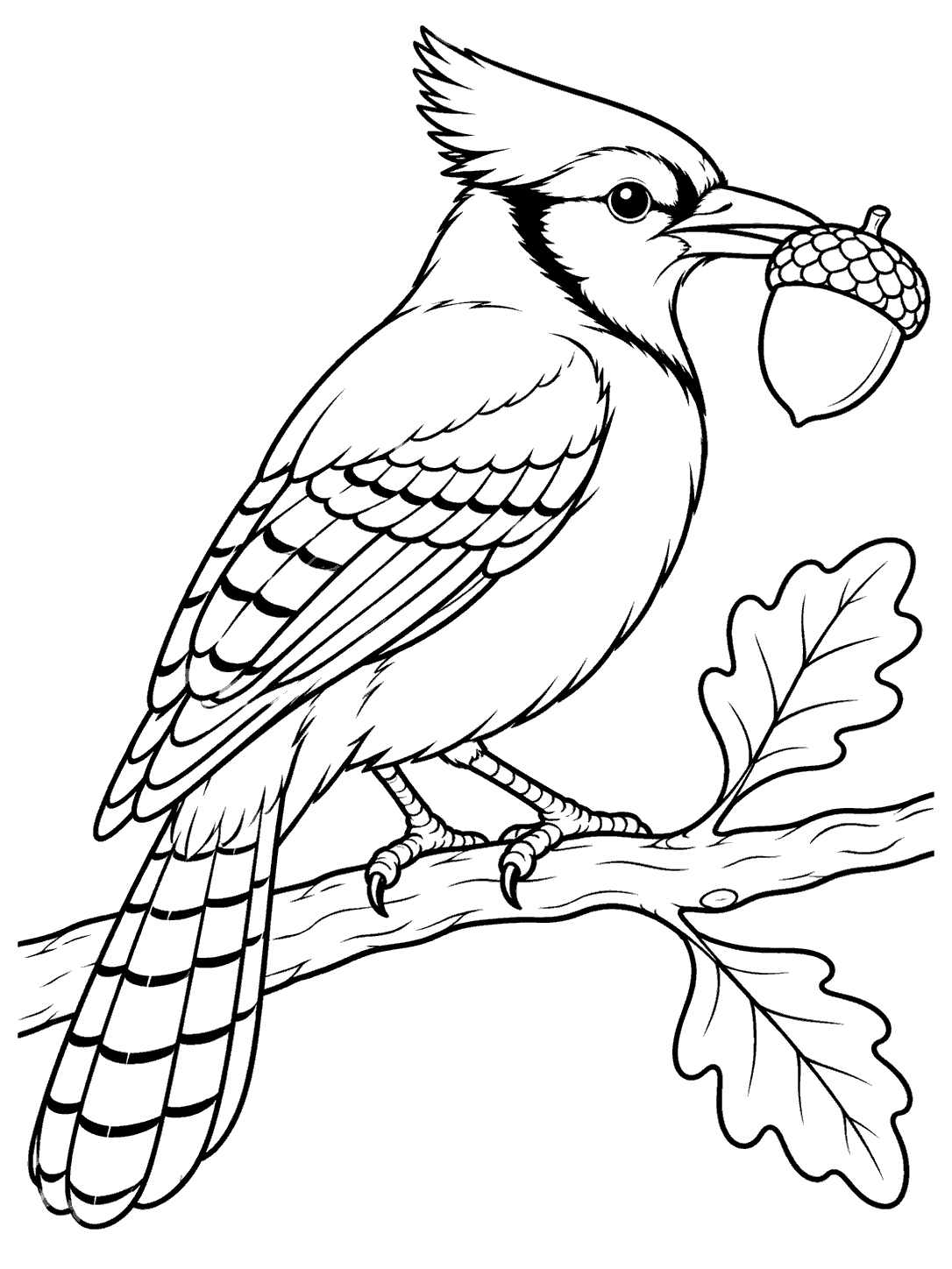 Black-and-white blue jay coloring page with an acorn and leafy branch