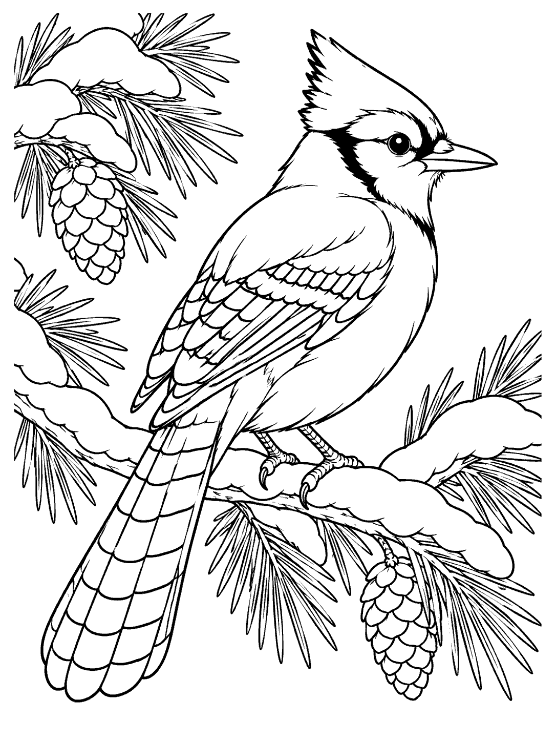 Blue jay with a prominent crest and barred tail perched on snow-covered pine branches in a printable coloring page.