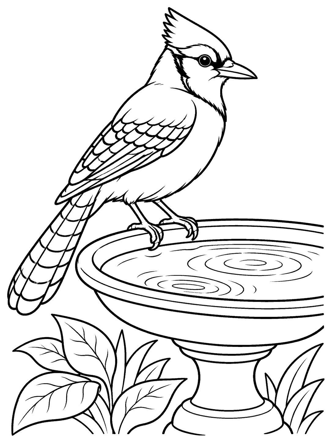 Blue jay standing on a birdbath rim, with water ripples and garden leaves, in a coloring page.