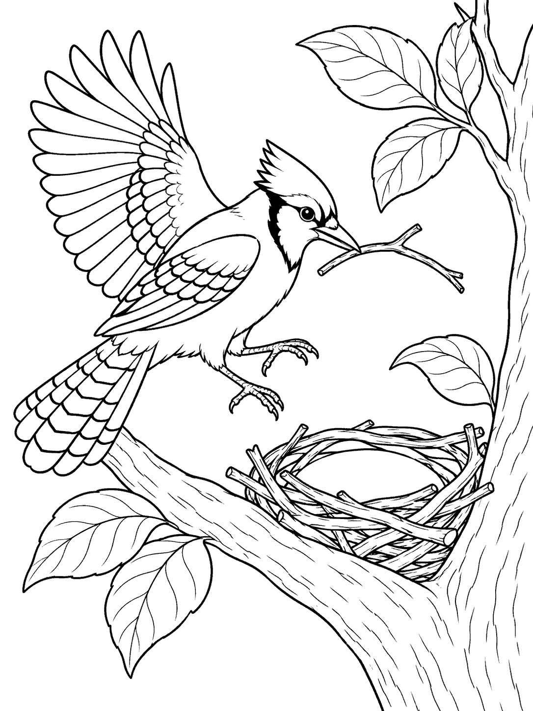 Blue jay carrying a twig toward an open nest in a forked tree coloring page
