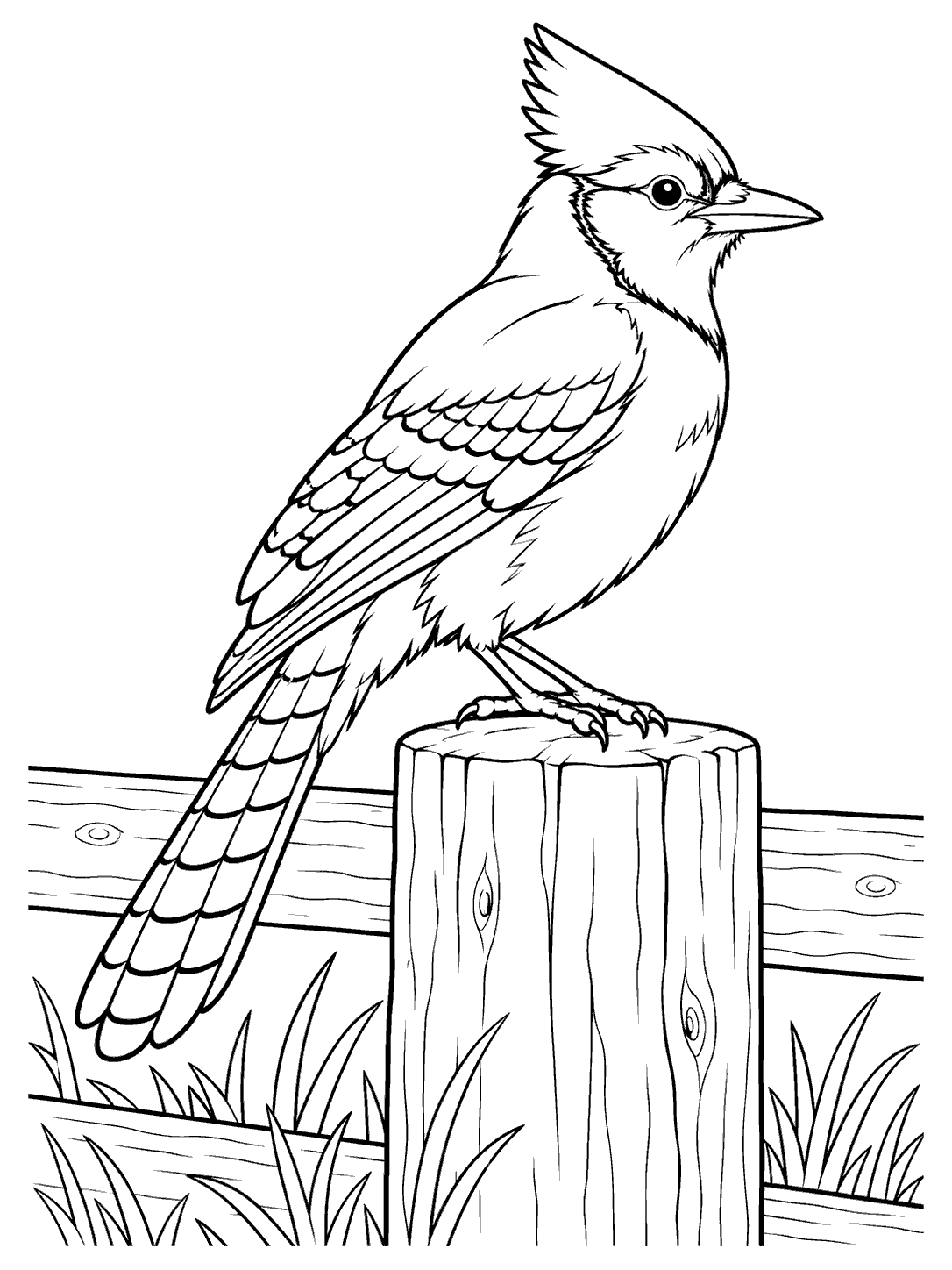 Black-and-white blue jay coloring page showing the crested bird perched on a wooden fence post with fence rails and grass.