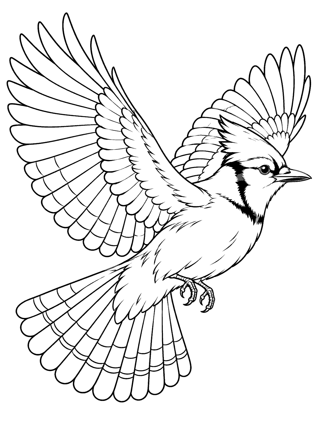 Black-and-white coloring page of a crested blue jay flying with fully spread wings and a fanned tail against a blank background.