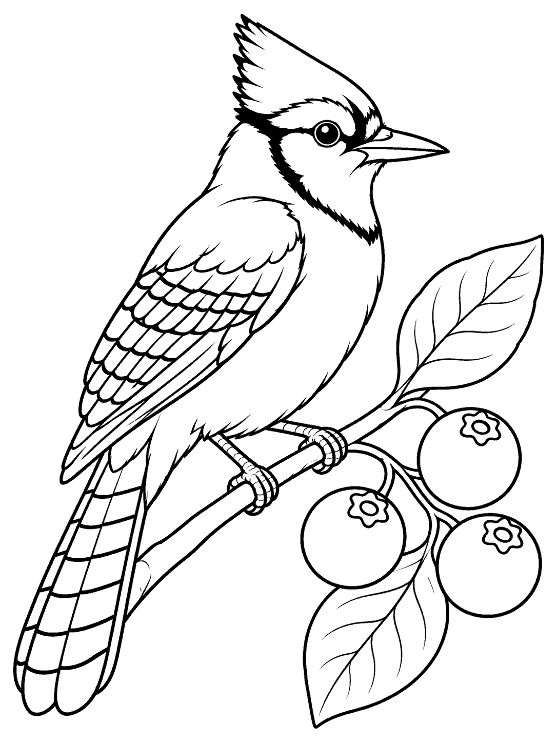 Blue jay perched beside three berries and two leaves on a branch in a coloring page.