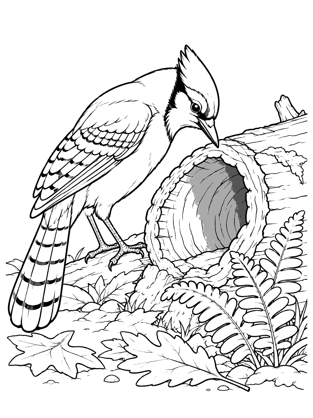 Black and white blue jay coloring page showing a jay peering into a hollow log beside ferns and fallen leaves.
