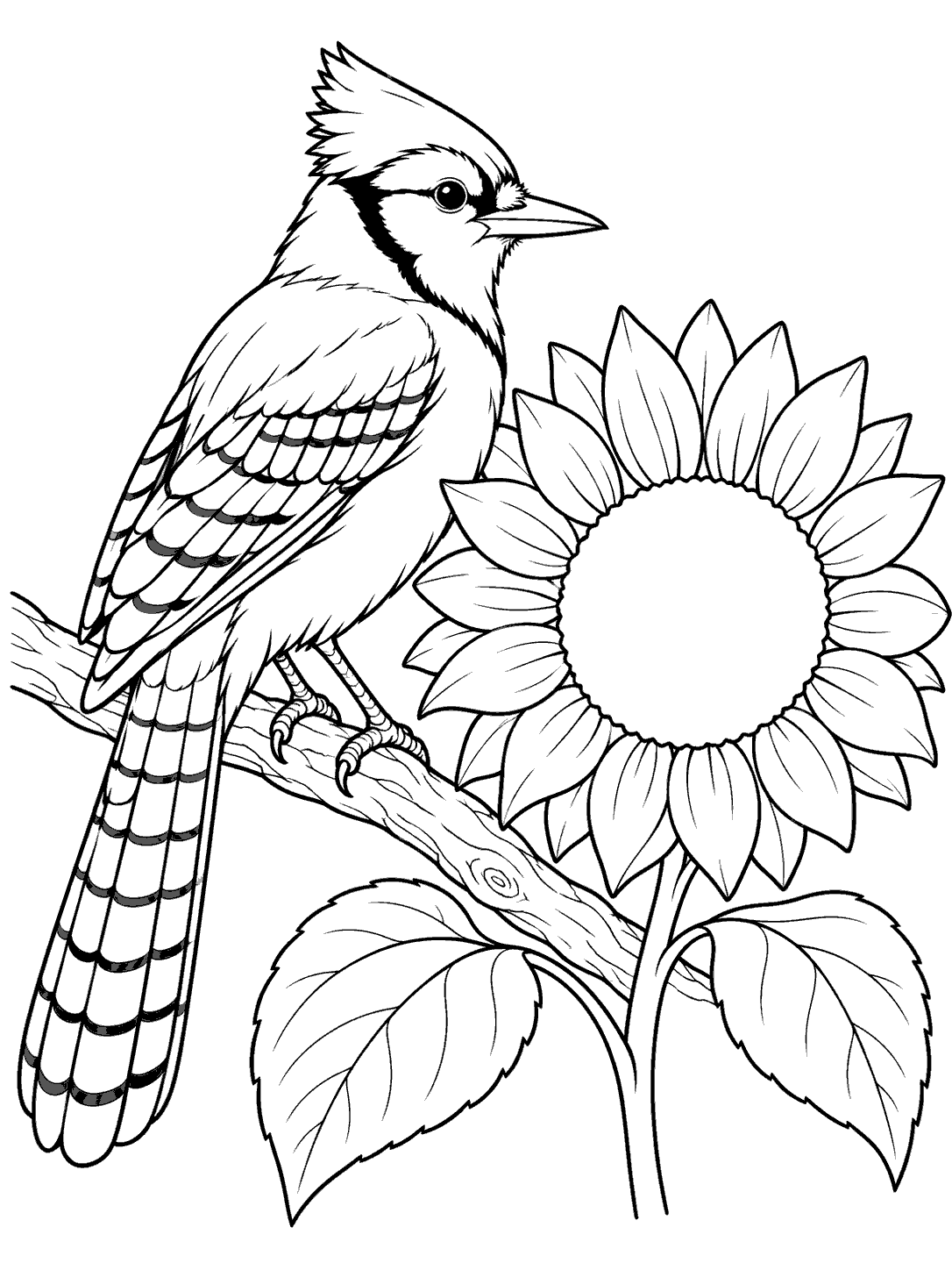 Blue jay with barred wings and a long tail perched beside a large sunflower coloring page