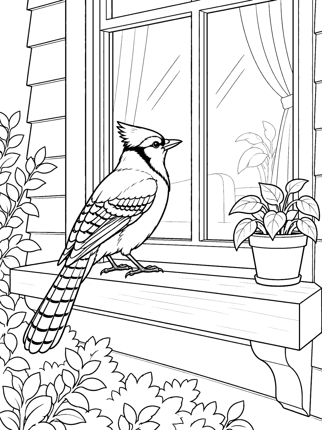 Blue jay perched beside a two-pane window and potted leafy plant on a coloring page.