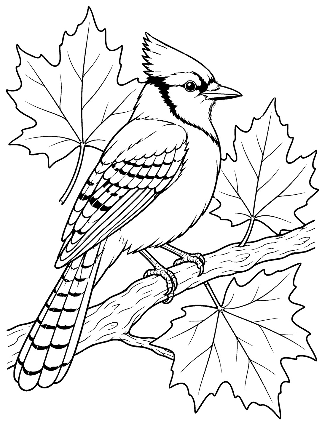 Black-and-white blue jay coloring page with clear crest and wing markings, perched on a branch framed by three large maple leaves.