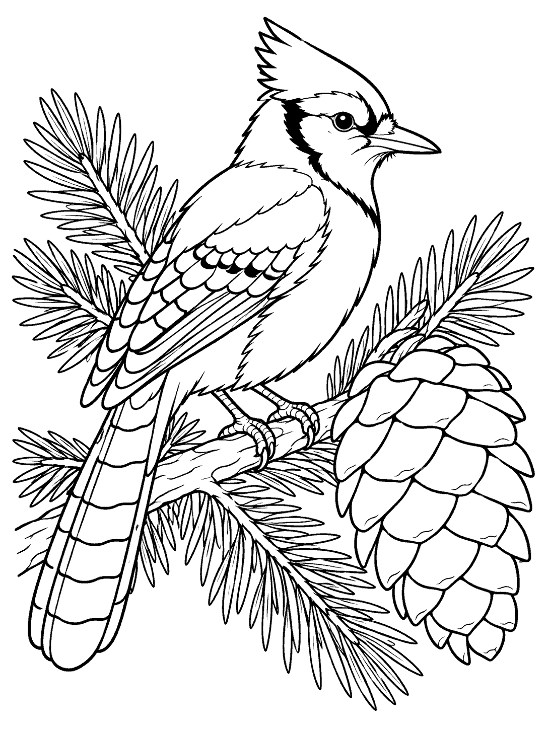 Blue jay beside an oversized pinecone on an evergreen branch, in black-and-white coloring page line art.