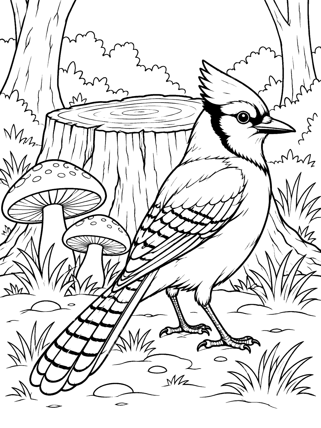Black-and-white blue jay coloring page with a long-tailed bird, tree stump, two mushrooms, and grass clumps