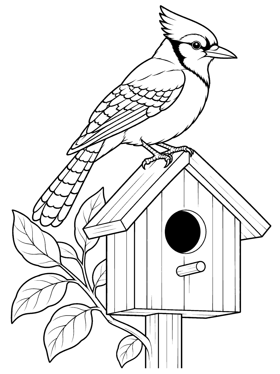 Black and white coloring page showing a blue jay perched on a birdhouse roof, with a circular entrance, mounting post, and leafy twig.