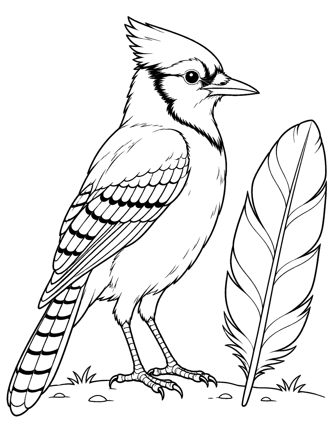 Black-outline blue jay standing beside a large feather on a ground line, coloring page
