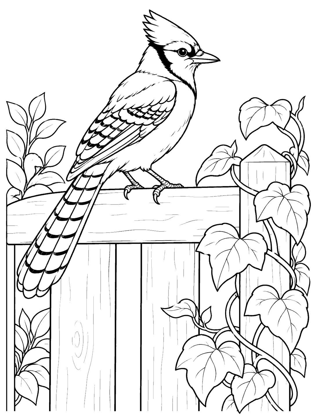 Blue jay perched on a garden gate with a curling vine, in a printable coloring page.