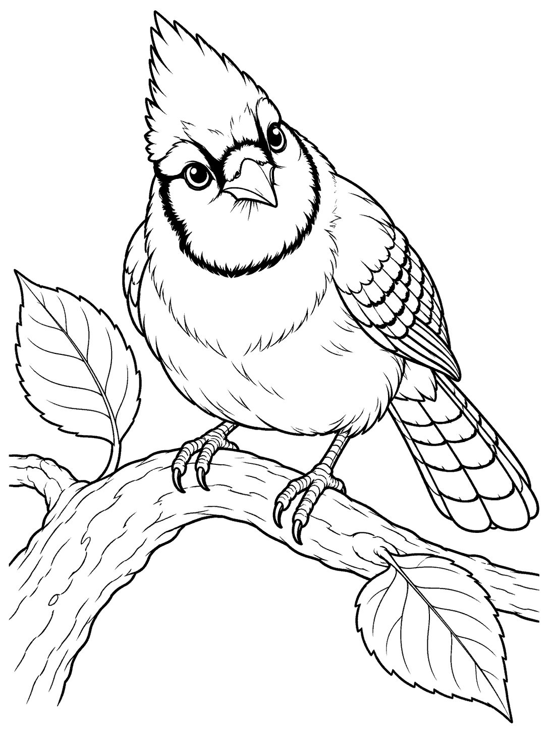 Black ink blue jay coloring page showing the bird perched on a curved branch with two leaves.