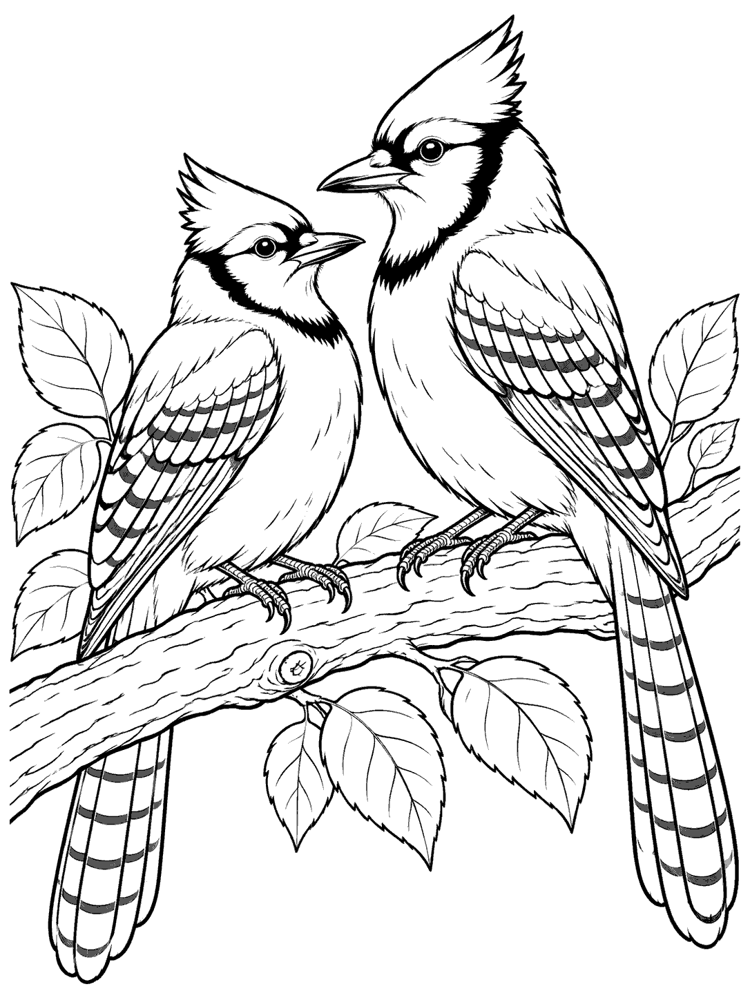 Two blue jays with barred wings and long tails perched on a leafy branch in a coloring page.