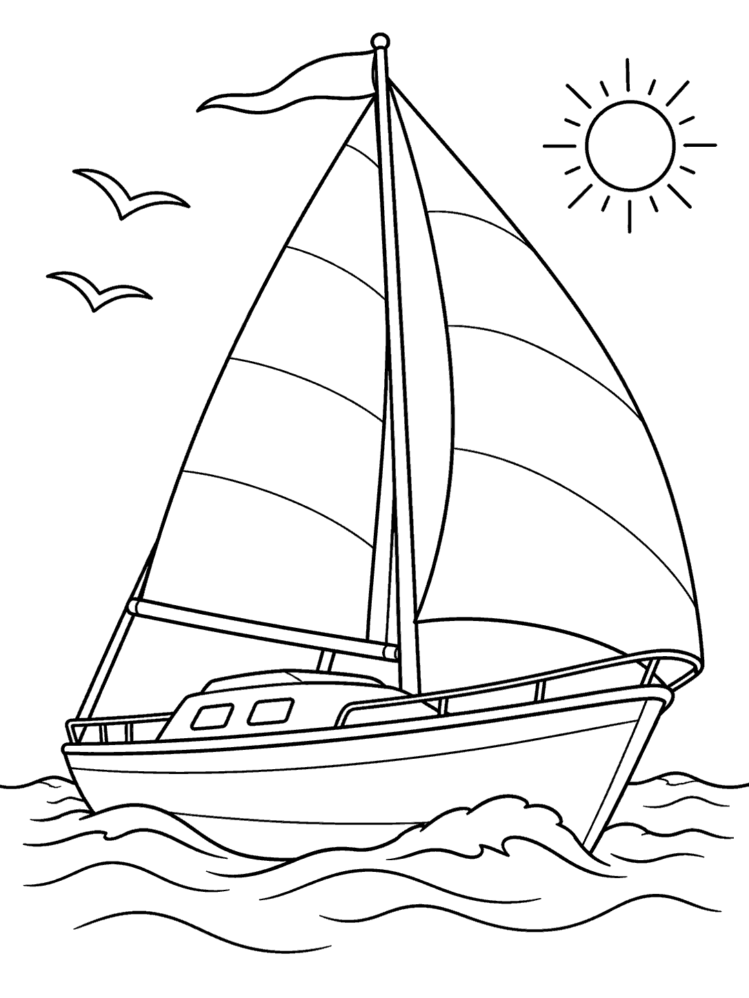 Sailboat with two billowing sails on gentle waves, with a sun and two gulls overhead.