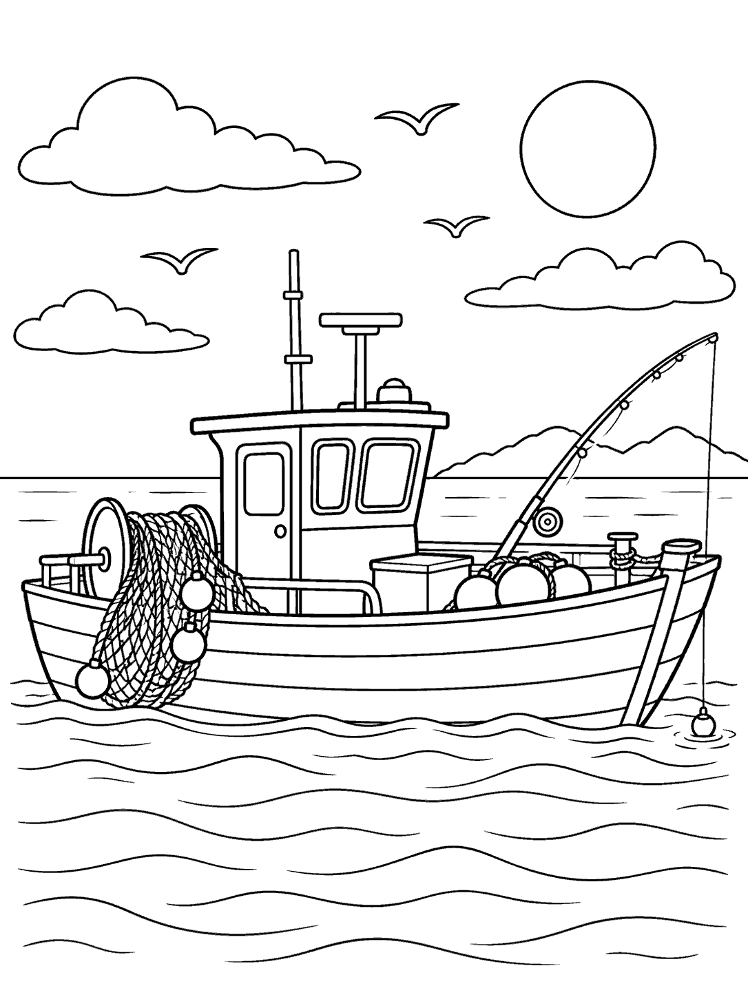Fishing boat with a cabin, coiled net, floats, and a rod over the water