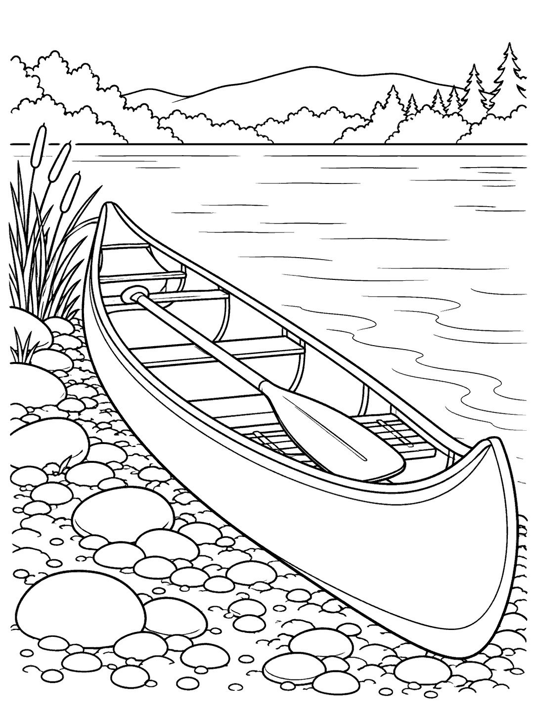 A long canoe with a paddle rests on a pebbled lakeshore beside reeds, with trees and distant hills across the water.