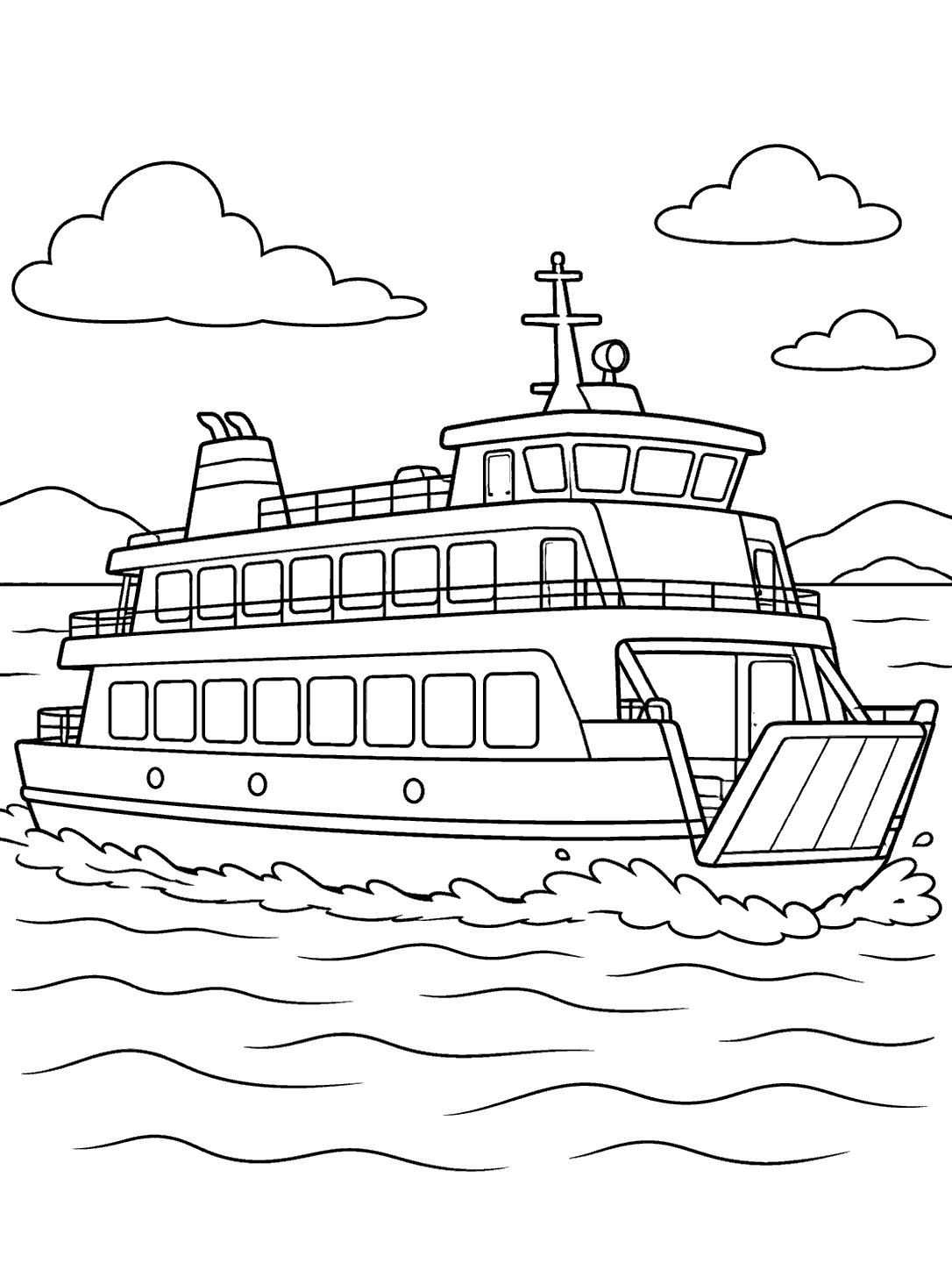 Two-deck passenger ferry with rows of windows, a front ramp, and a foamy wake.