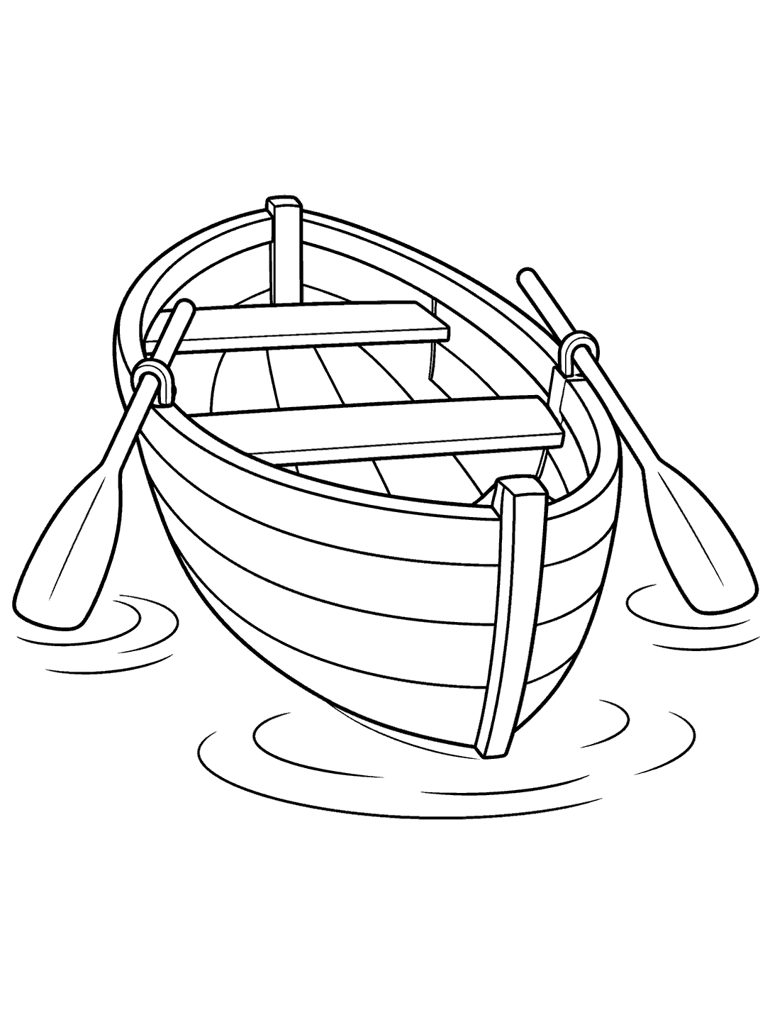 Empty wooden rowboat with two oars resting in their locks, surrounded by ripples.