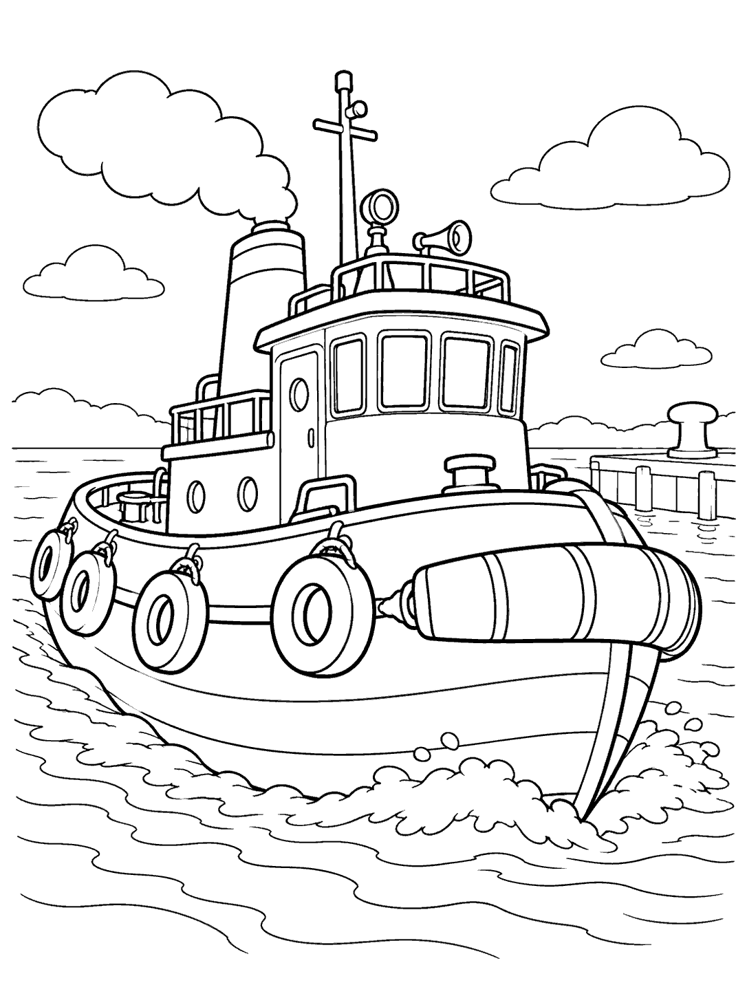 Large tugboat with a short smokestack, side fenders, foamy wake, clouds, and a dock bollard