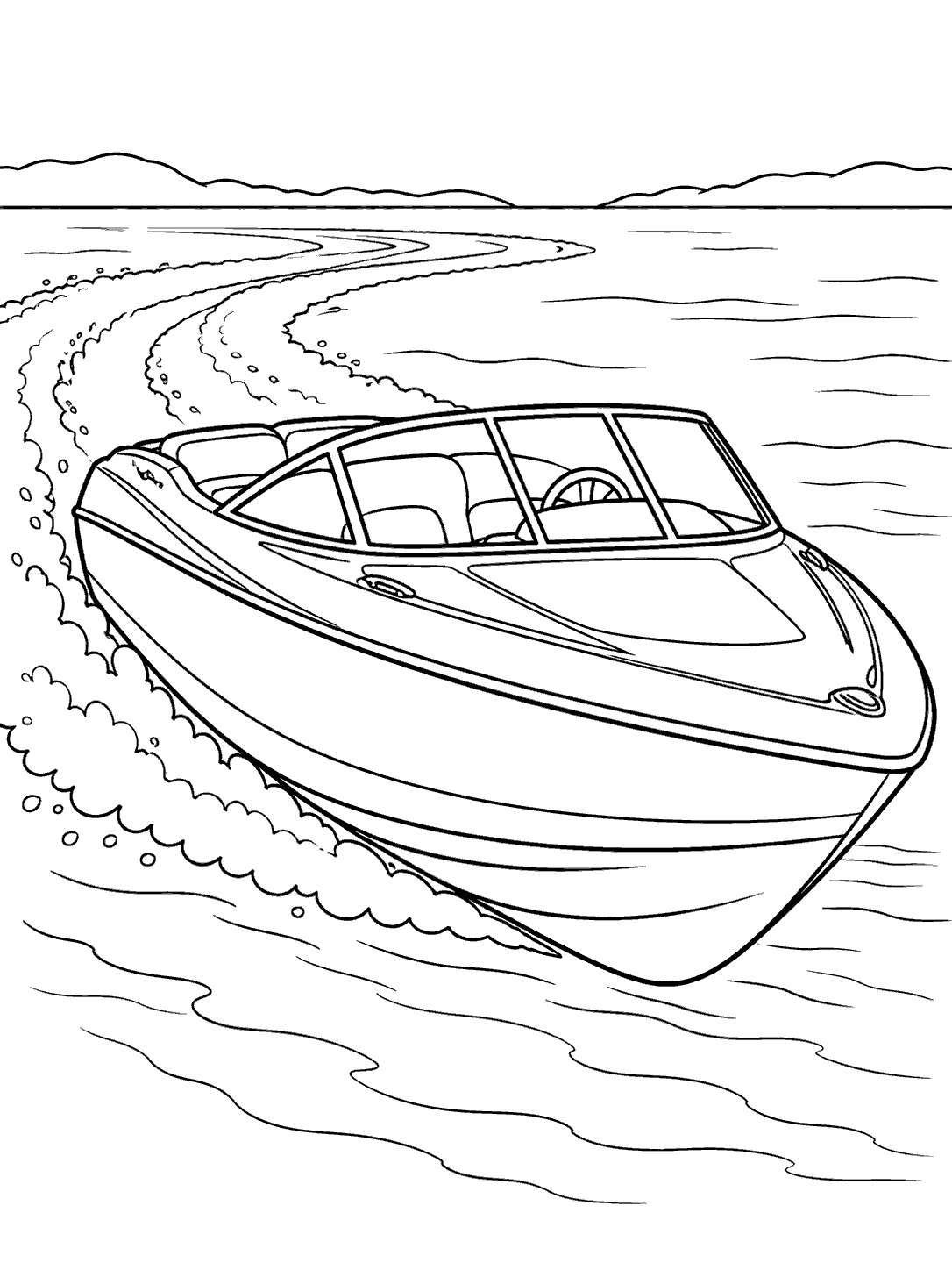 Sleek speedboat turning across the water, with a windshield, open hull, and curved wake lines