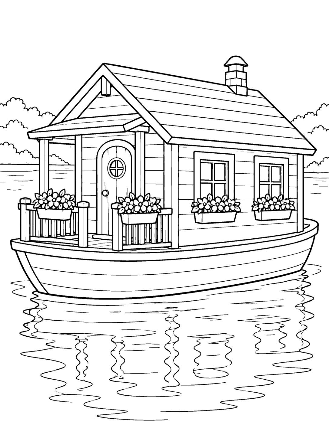 A small houseboat with a cabin, porch, chimney, flower boxes, and ripple reflections.