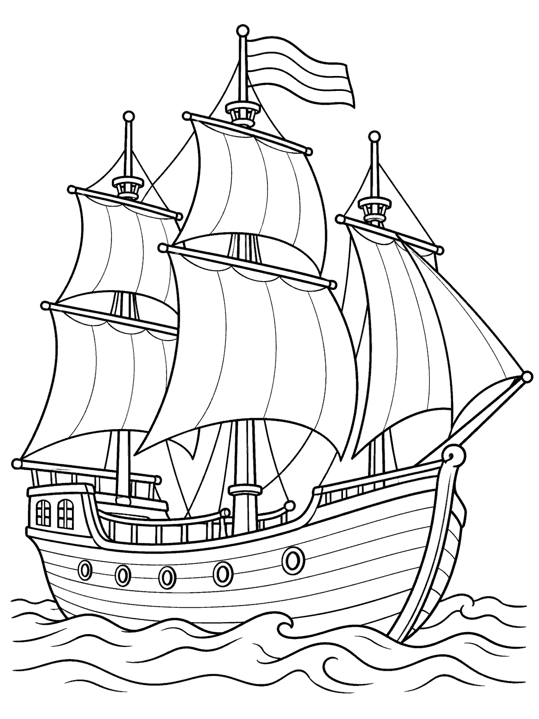 Black-and-white coloring page showing a three-masted sailing ship with large sails, a striped flag, portholes, curved wooden hull, and simple waves.