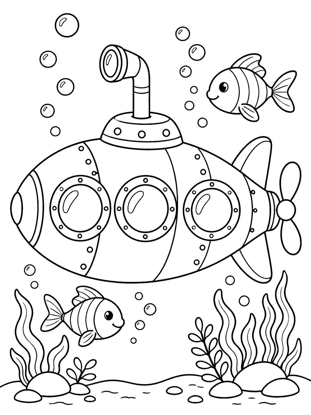 A rounded submarine with three portholes and a periscope, surrounded by two friendly fish, bubbles, and sea plants.