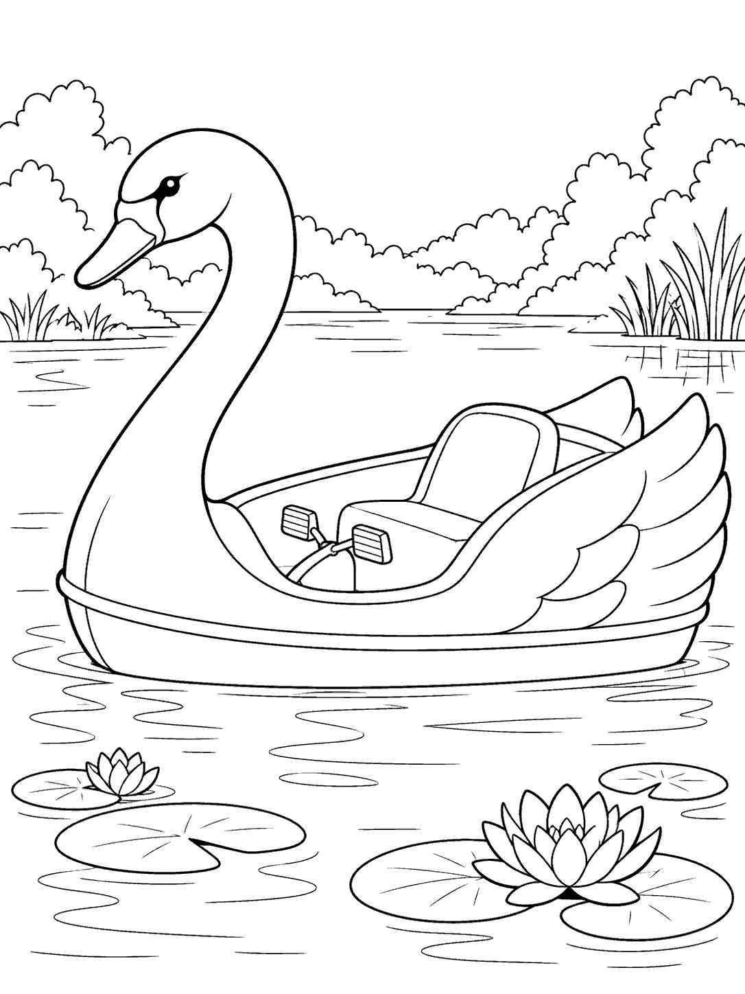 Swan-shaped pedal boat on a pond with lily pads and water lilies.