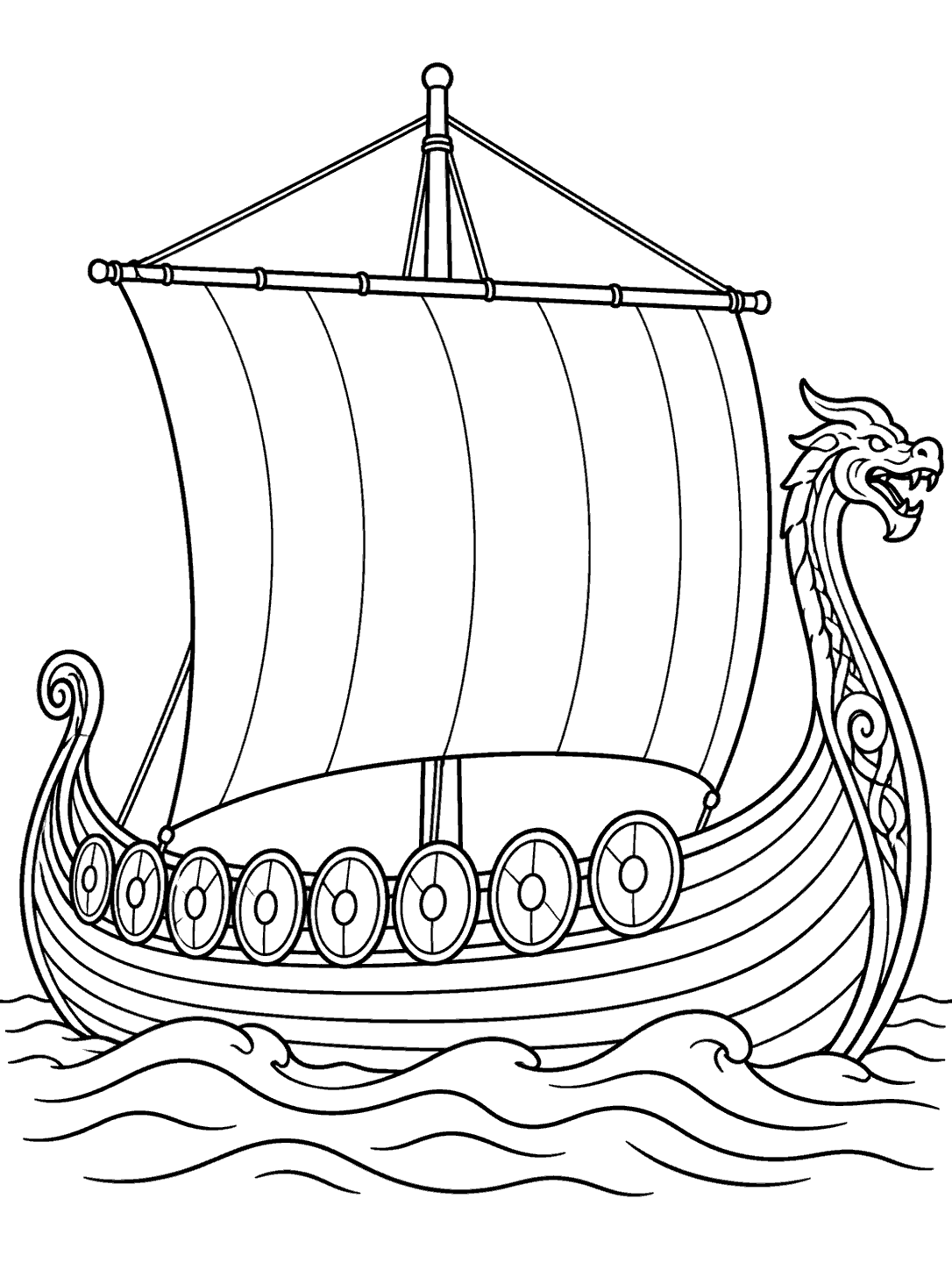 Black-and-white longship coloring page with a large square sail, dragon-shaped prow, round shields, and waves.
