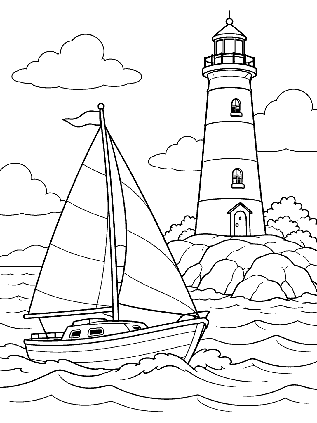 A sailboat moves across broad waves in front of a tall lighthouse on a rocky point.