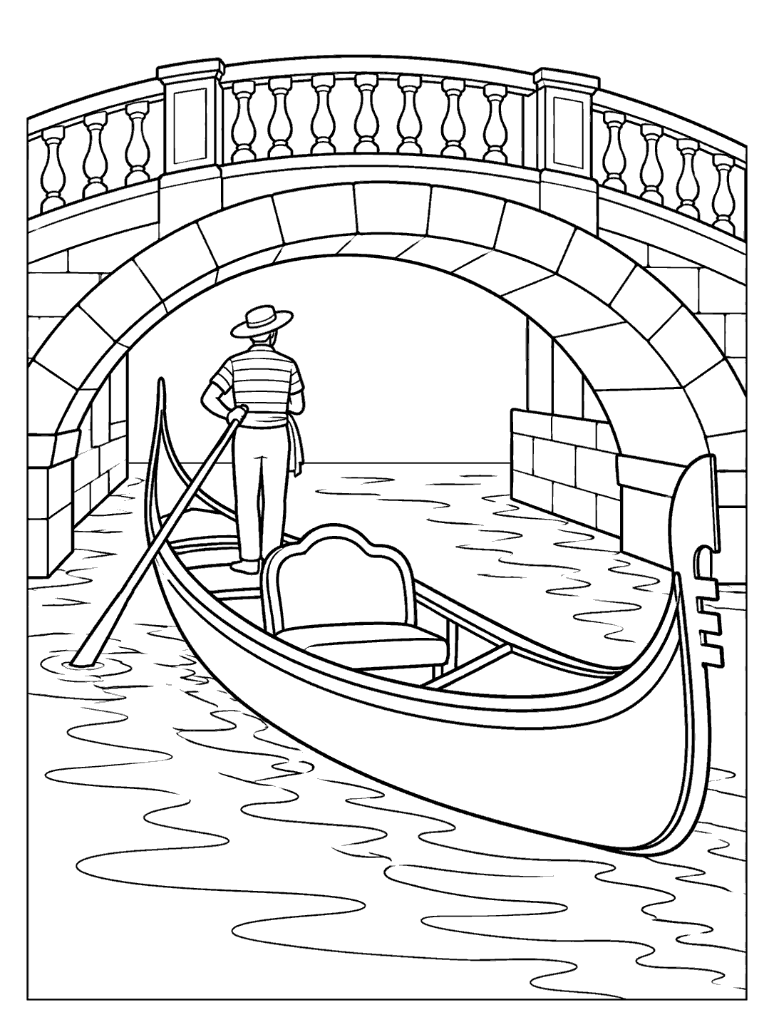 A gondola and standing gondolier with a long oar beneath a stone arch bridge, surrounded by water ripples.
