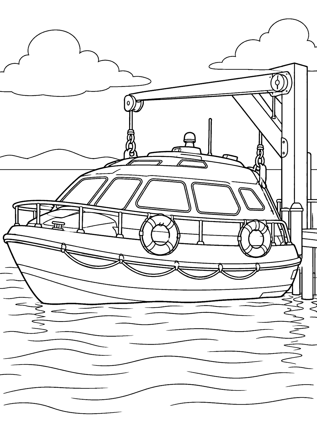Enclosed rescue lifeboat with large windows and two flotation rings, suspended beside a launch frame over water.