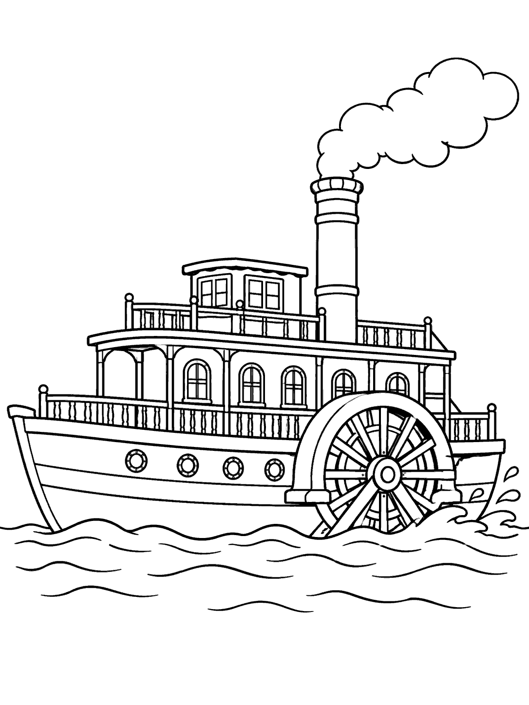 Black-outline paddle steamer with a large paddle wheel, upper deck, portholes, smokestack, and wake.