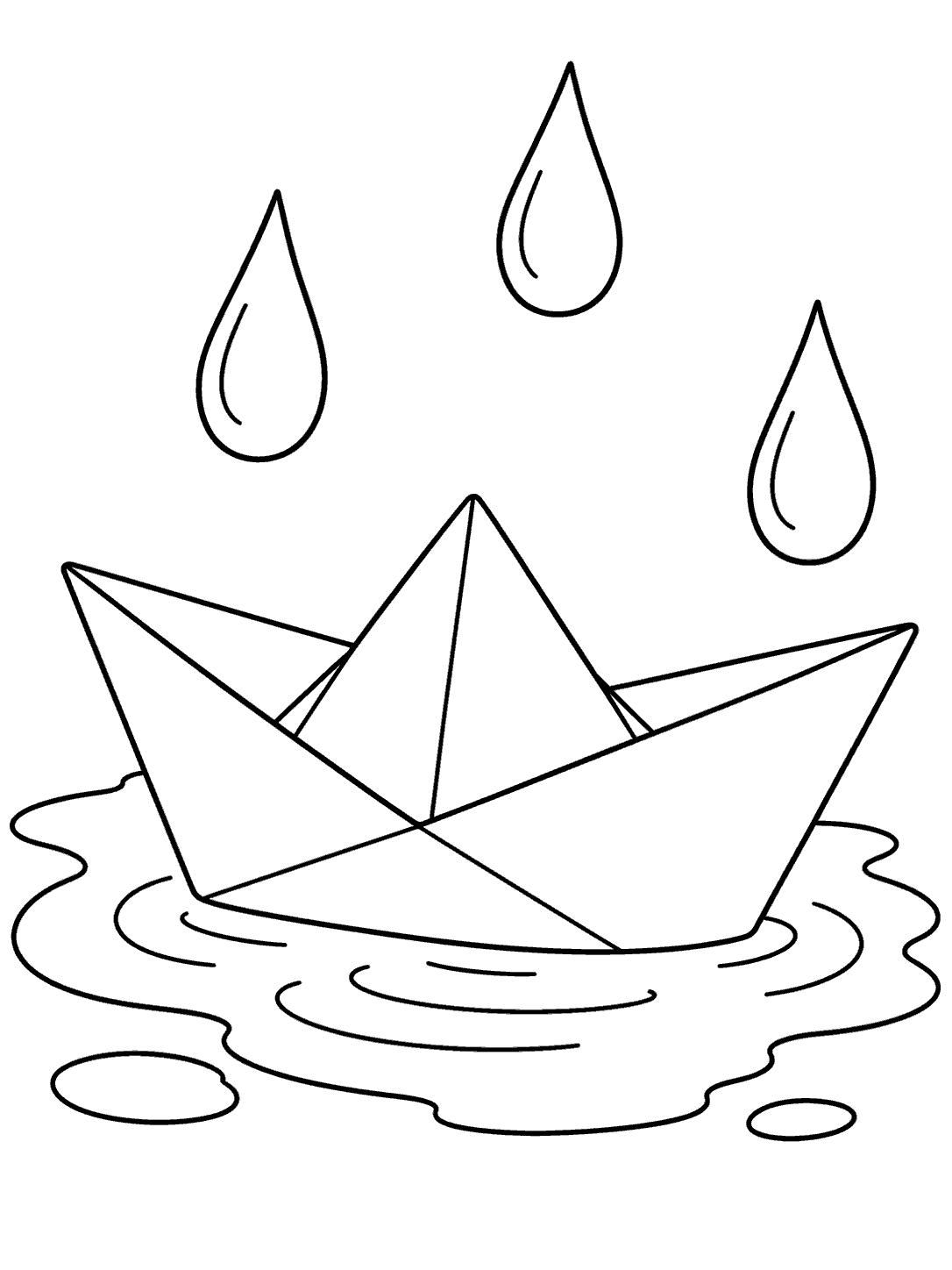 A large folded paper boat floats in a rippling puddle beneath three raindrops.