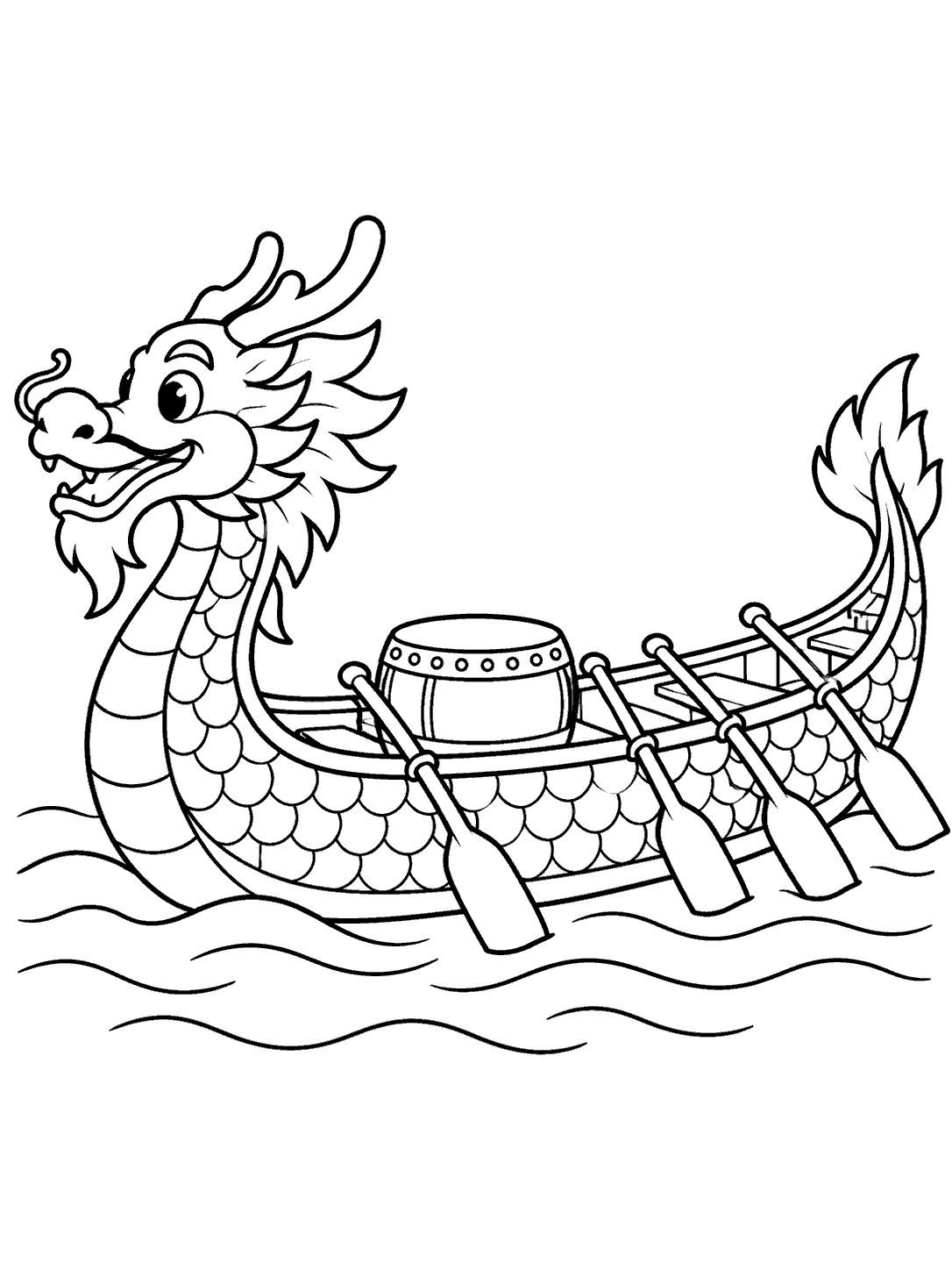 Friendly dragon-headed boat with a center drum, three pairs of resting paddles, and waves.