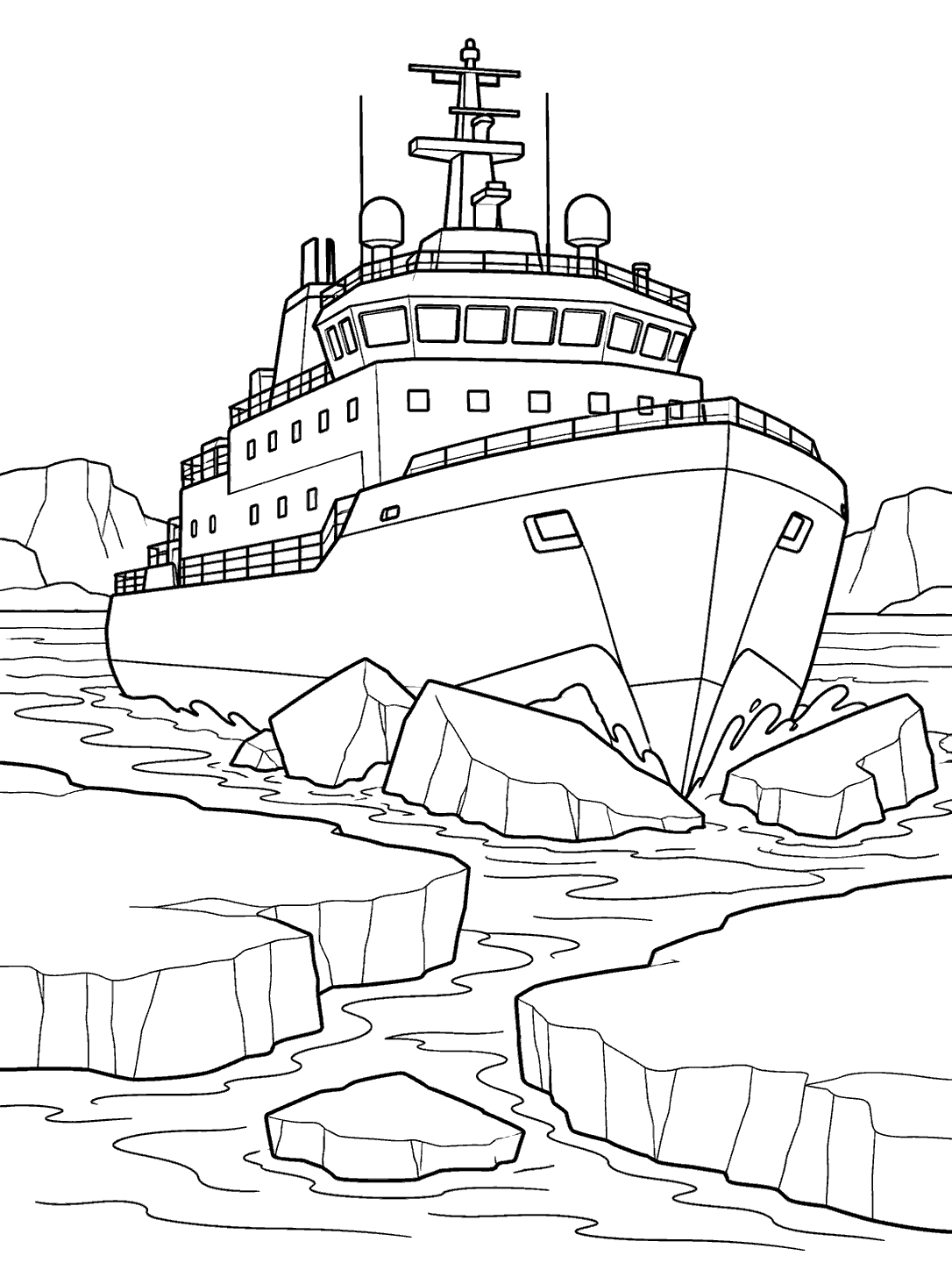 Icebreaker ship among simple floating ice pieces