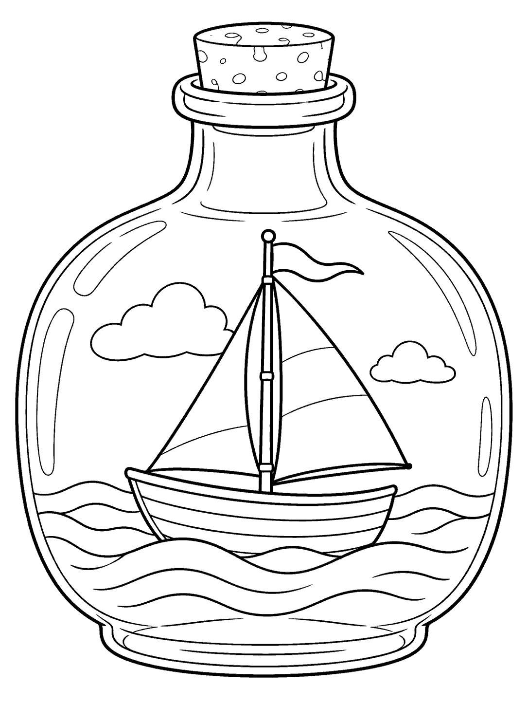 Miniature sailboat inside a glass bottle, with two sails, waves, clouds, and glass reflections.